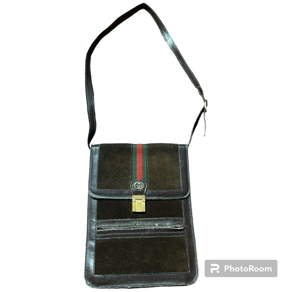 1970’s Gucci Sherry Brown Suede Logo Flap Over Shoulder Green Red Web Stripe Bag
